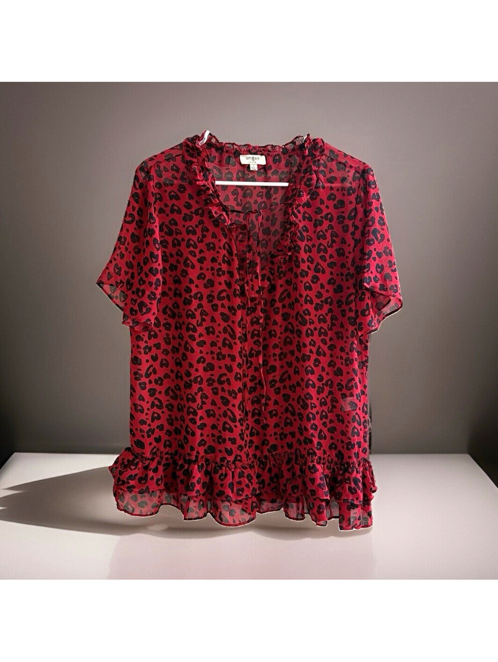 Umgee Womens Large Red Black Leopard Print Sheer Ruffle Tunic Blouse Boho